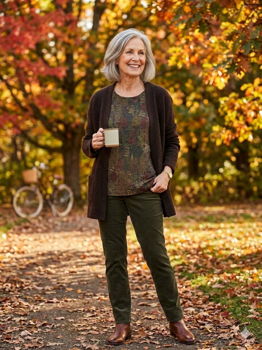 CJ Banks Women’s Autumnal Fall Foliage Forest-Themed Long Sleeve Top Size 1X